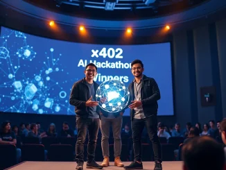 Developers celebrate winning the Cronos and Crypto.com x402 AI hackathon for agentic finance innovation.