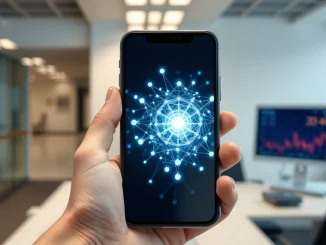 Smartphone displaying a blockchain network, symbolizing the tension between crypto mass adoption and its original decentralized ideals.