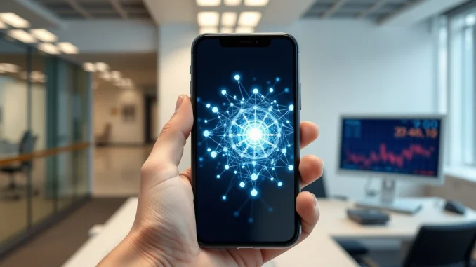 Smartphone displaying a blockchain network, symbolizing the tension between crypto mass adoption and its original decentralized ideals.
