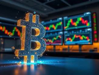 Bitcoin symbol fragmenting amid volatile cryptocurrency market trading floor with candlestick charts