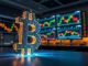 Bitcoin symbol fragmenting amid volatile cryptocurrency market trading floor with candlestick charts