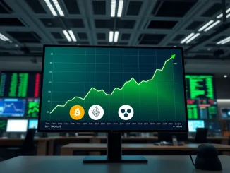 Breaking news on crypto ETF inflows showing a financial chart with Bitcoin, Ethereum, Solana, and XRP icons.