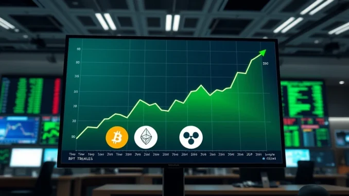 Breaking news on crypto ETF inflows showing a financial chart with Bitcoin, Ethereum, Solana, and XRP icons.