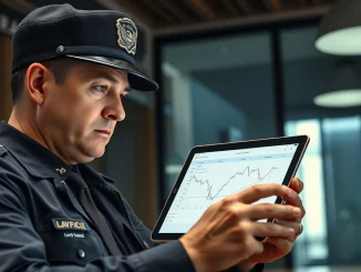 Law enforcement officer analyzing cryptocurrency transaction data on a digital tablet.