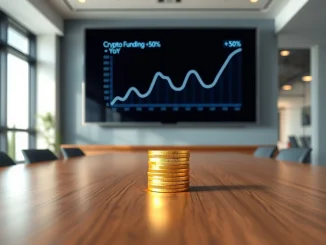 Crypto funding up 50% shown on a digital graph with a stack of gold coins representing concentrated venture capital investment.