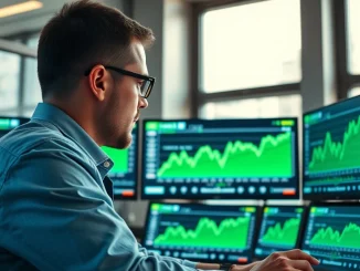Financial analyst reviews cryptocurrency market data showing fund inflows on digital screens.