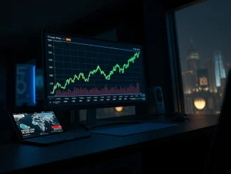 Crypto funds gain $619M as markets hold up - trading desk monitor shows rising Bitcoin chart amid geopolitical news.