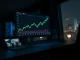 Crypto funds gain $619M as markets hold up - trading desk monitor shows rising Bitcoin chart amid geopolitical news.