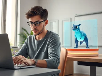 A Web3 game developer working in a modern studio, with holographic crypto game assets, representing the future of blockchain gaming.