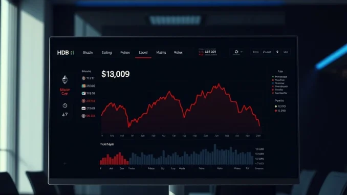 Digital dashboard showing cryptocurrency market downturn with Bitcoin and Ethereum price declines