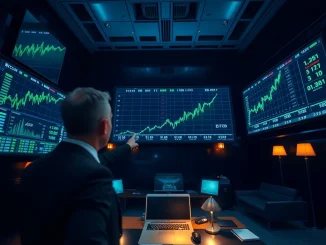 Crypto market recovery shown on trading floor displays with Bitcoin and Ethereum charts rising amid geopolitical tension