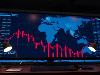 Crypto market dashboard showing five consecutive red candlesticks amid US-Iran geopolitical tensions