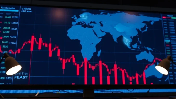 Crypto market dashboard showing five consecutive red candlesticks amid US-Iran geopolitical tensions
