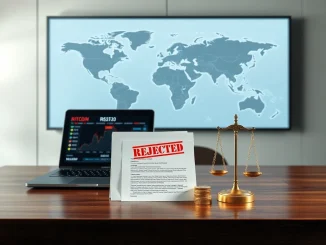 Breaking cryptocurrency regulatory news depicting global oversight, rejected documents, and digital finance symbols.