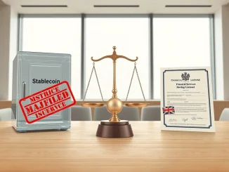 Symbolic representation of March 2026 cryptocurrency news: stablecoin regulation, legal action, and international licensing.