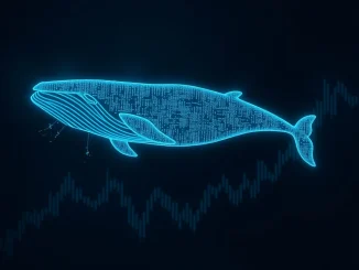 Crypto whale liquidation event visualized as a digital data whale fragmenting, representing high-risk leveraged trading on Solana and Bitcoin.