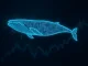 Crypto whale liquidation event visualized as a digital data whale fragmenting, representing high-risk leveraged trading on Solana and Bitcoin.