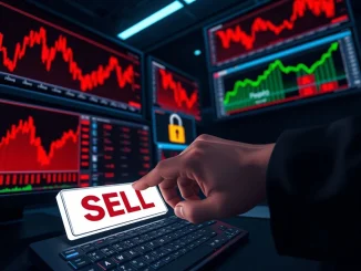 A hand executes a large crypto sell order as markets plunge, with the Pepeto token chart rising in the background.