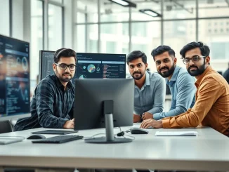 AI experts at Deccan AI's Hyderabad operations center collaborating on post-training data evaluation work