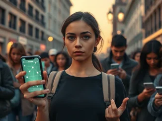 People using decentralized messaging apps during urban communication scenarios showing privacy technology adoption.