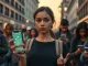 People using decentralized messaging apps during urban communication scenarios showing privacy technology adoption.
