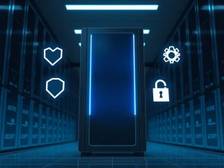 DeepSnitch AI's server rack with holographic AI agent icons representing its 2026 crypto presale technology.