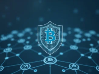 DeFi insurance visualized as a protective shield over blockchain networks and digital financial protocols