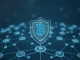 DeFi insurance visualized as a protective shield over blockchain finance networks