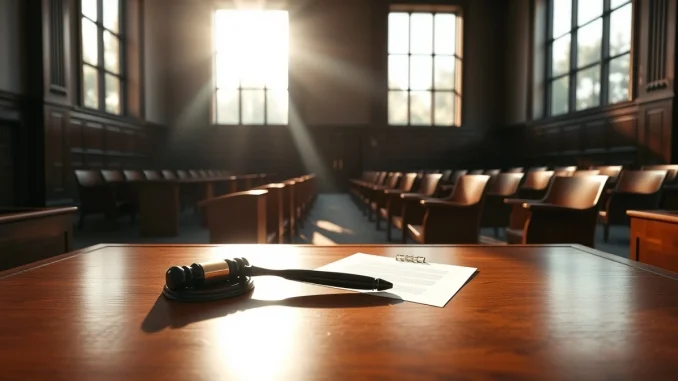 Empty courtroom with gavel representing withdrawn DeFi lawsuit against SEC.