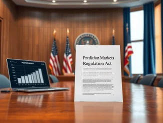 Legislative document for the Prediction Markets Regulation Act on a hearing room table, representing new bill to curb insider trading.