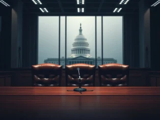 Empty witness chairs at a congressional hearing symbolizing oversight of the DOJ Binance investigation.