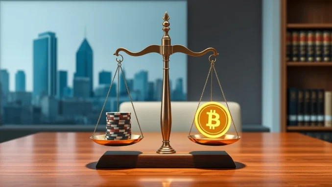 Legal scales balancing casino chips and a crypto token symbolize Detroit joining Michigan's lawsuit against Coinbase prediction markets.