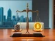Legal scales balancing casino chips and a crypto token symbolize Detroit joining Michigan's lawsuit against Coinbase prediction markets.