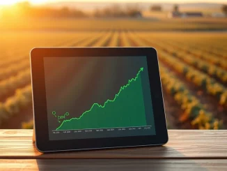 DMTR cryptocurrency breakout pattern analysis showing upward trend on tablet with agricultural background
