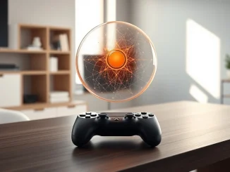 DOGEBALL presale represented by a glowing digital sphere above a gaming controller, symbolizing blockchain gaming innovation.