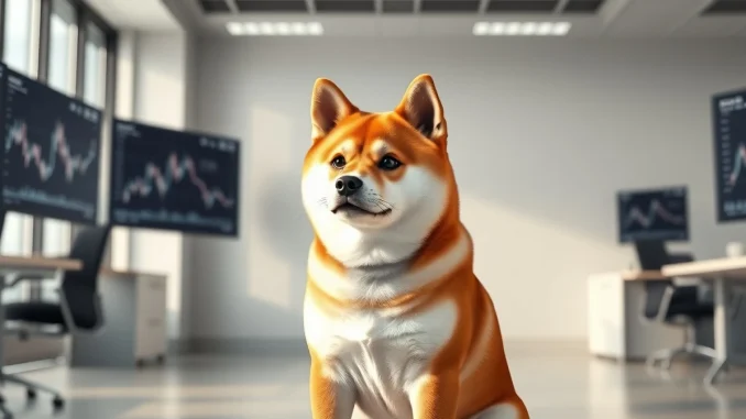Dogecoin Shiba Inu mascot in a financial analysis setting representing DOGE price evaluation.