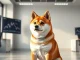 Dogecoin Shiba Inu mascot in a financial analysis setting representing DOGE price evaluation.