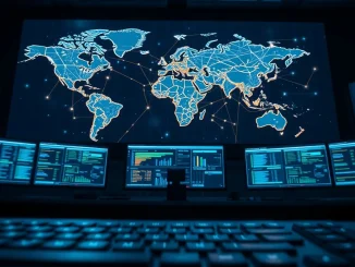 Law enforcement command center monitoring a global crypto crime network on digital maps.
