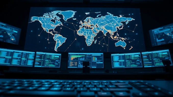 Law enforcement command center monitoring a global crypto crime network on digital maps.