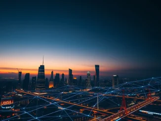 Conceptual image of global digital payment networks and stablecoin infrastructure over a city.