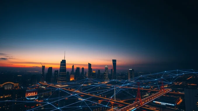 Conceptual image of global digital payment networks and stablecoin infrastructure over a city.