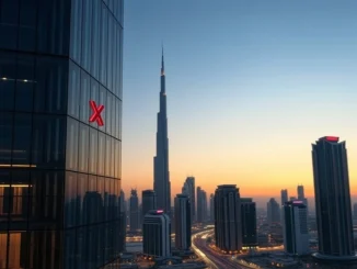 Dubai skyline with regulatory action symbol representing VARA's order against KuCoin's unlicensed operations.
