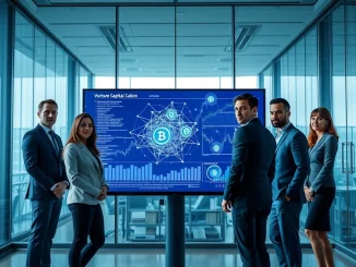Professionals analyzing blockchain data and financial charts in a venture capital office.