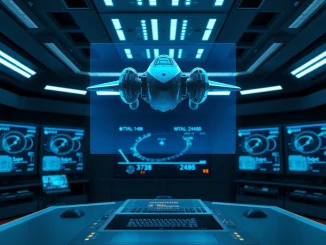 Holographic model of an autonomous spacecraft in mission control, representing the Elon Musk SpaceX xAI merger for AI news.