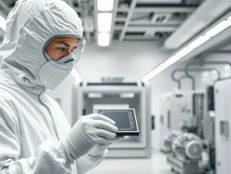 Semiconductor cleanroom technician examining silicon wafer for Elon Musk's Terafab chip manufacturing facility