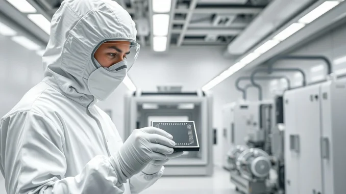 Semiconductor cleanroom technician examining silicon wafer for Elon Musk's Terafab chip manufacturing facility