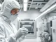 Semiconductor cleanroom technician examining silicon wafer for Elon Musk's Terafab chip manufacturing facility