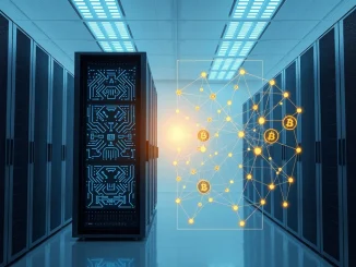 Enterprise AI and blockchain technology convergence with server racks and holographic networks representing $500B spending and crypto innovation.