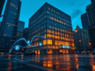 Blockchain data stream flowing into NYSE building representing EOS ICO funds fueling Bullish IPO