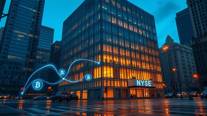 Blockchain data stream flowing into NYSE building representing EOS ICO funds fueling Bullish IPO